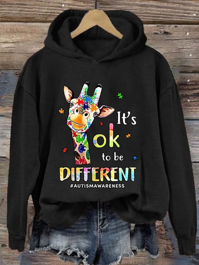 Retro Autism Awareness Giraffe It's Ok To Be Different Print Hoodie