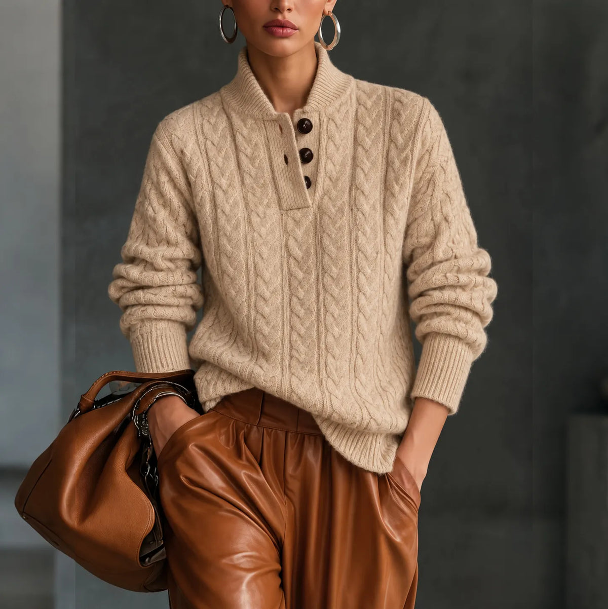 Women's Retro Simple Solid Color Cable Knit Blend Sweater