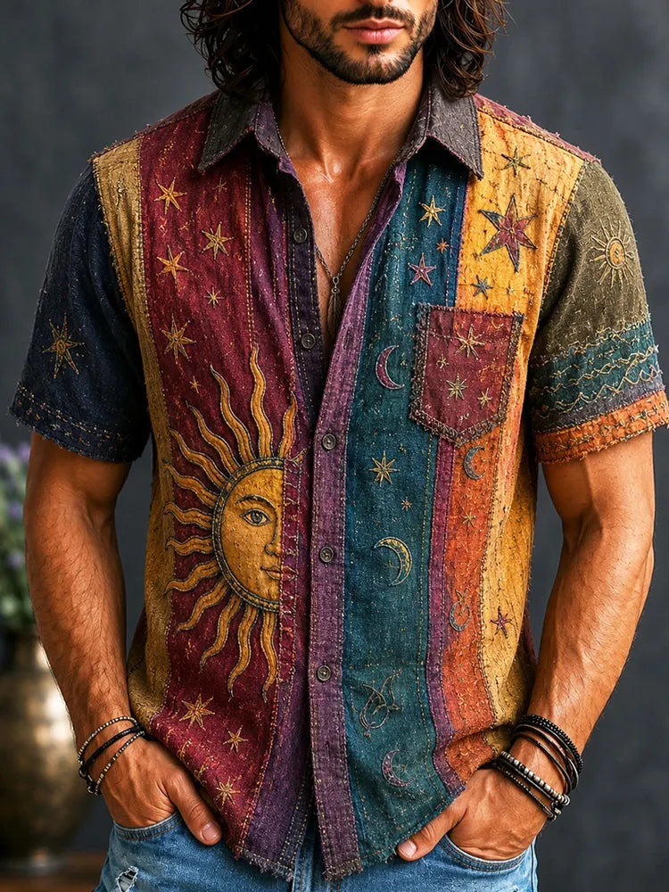 Men's Vintage Patchwork Peace Sign Sun Moon Stars Striped Art Print Shirt