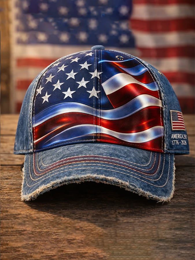 America 250th Anniversary 1776-2026 US Flag Distressed Denim Baseball Cap