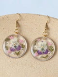 Purple Round Pansy Flower Design Earrings