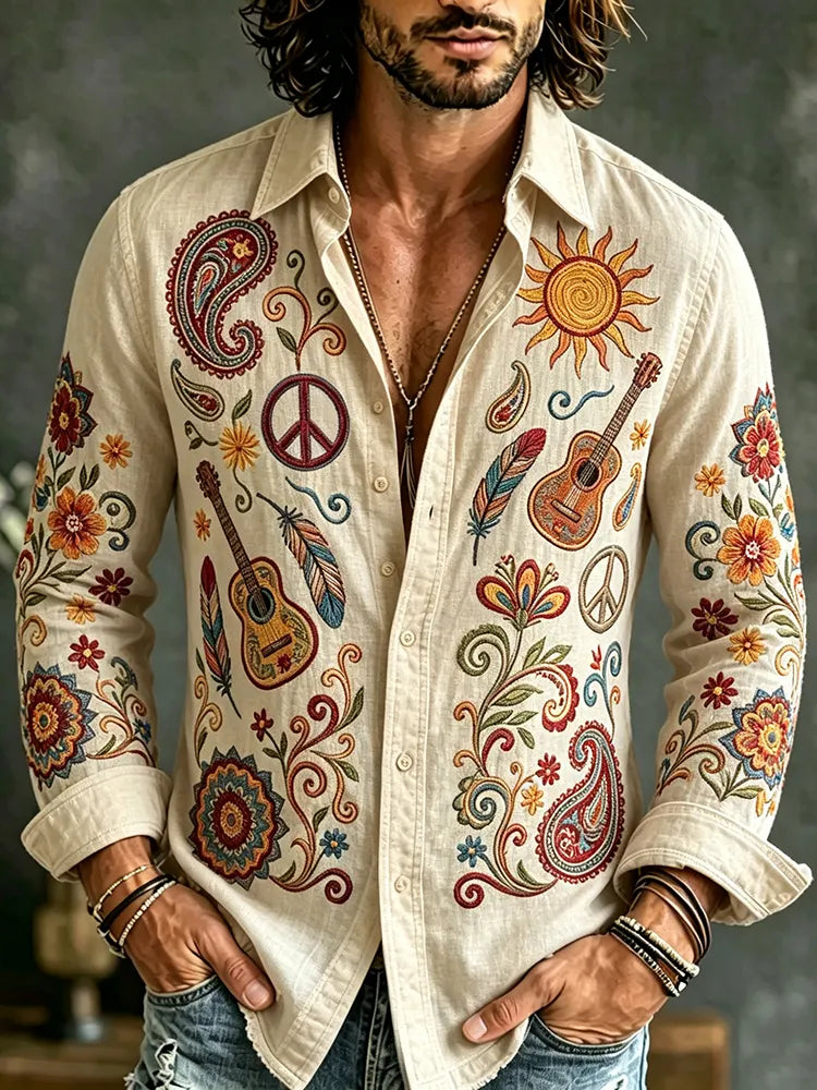 Men's Vintage Hippie Floral And Peace Art Print Long Sleeves Linen Shirt