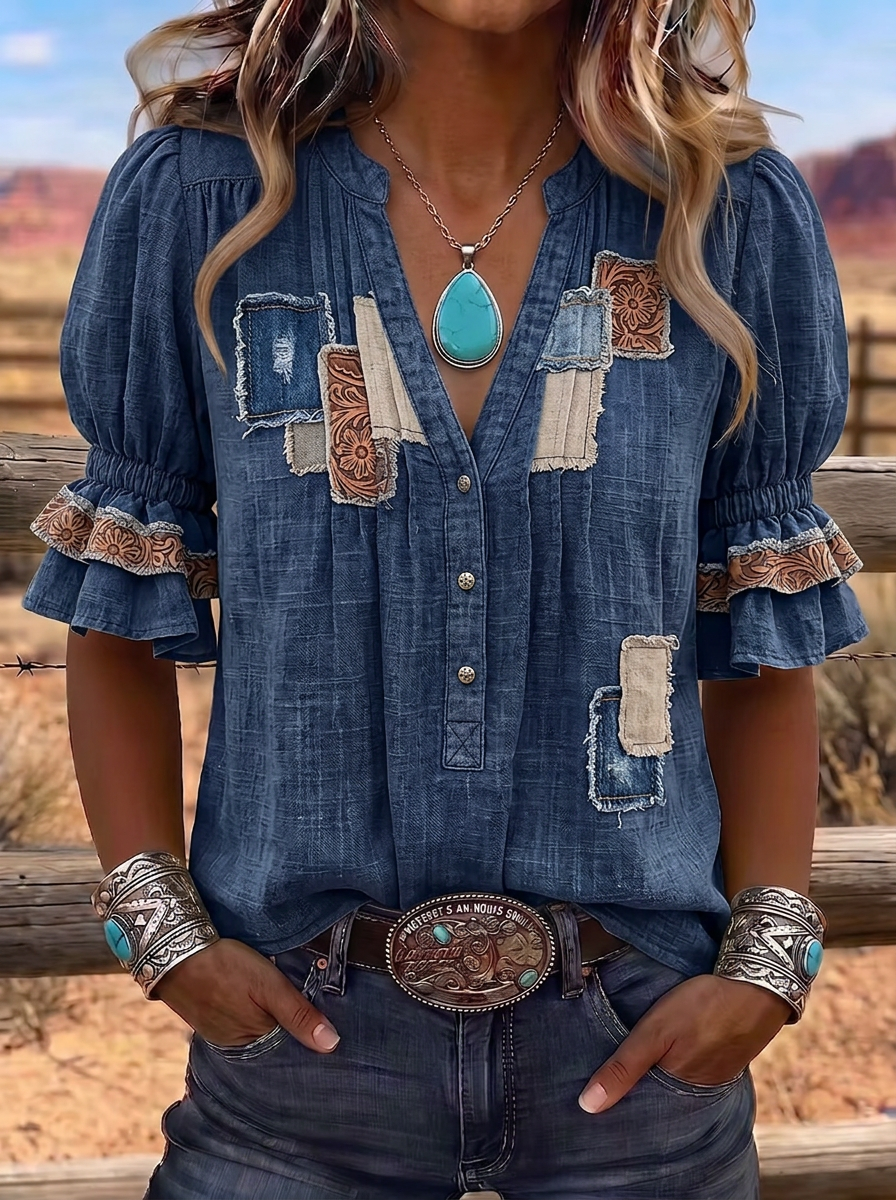 Women's Western Vintage Patchwork Floral Printed Top