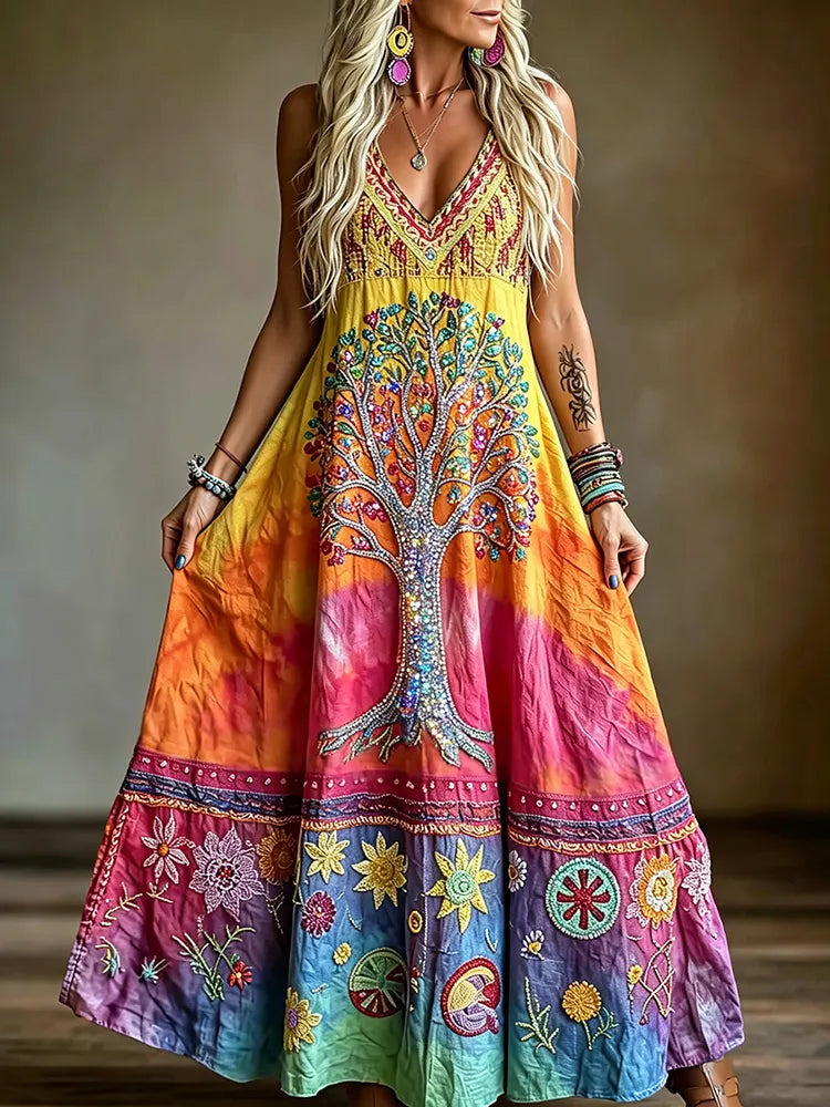 Women's Hippie Tree Of Life Floral Gradient Pattern Casual Linen Dress