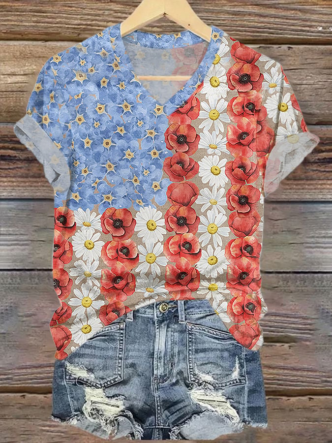 V-Neck Retro Independence Day Patriotic Flower Myosotis & Poppy Print T-Shirt