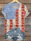V-Neck Retro Independence Day Patriotic Flower Myosotis & Poppy Print T-Shirt