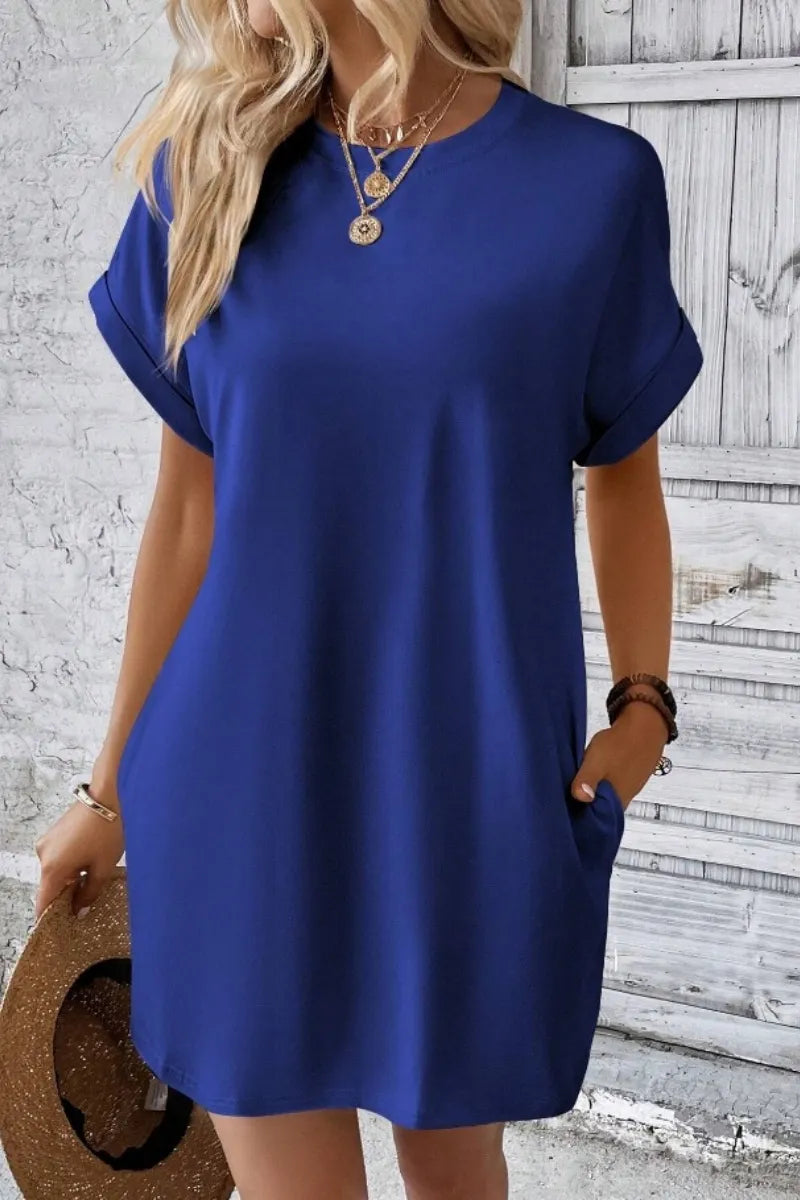 Casual Minimalist Round Neck Roll Up Sleeve Dress