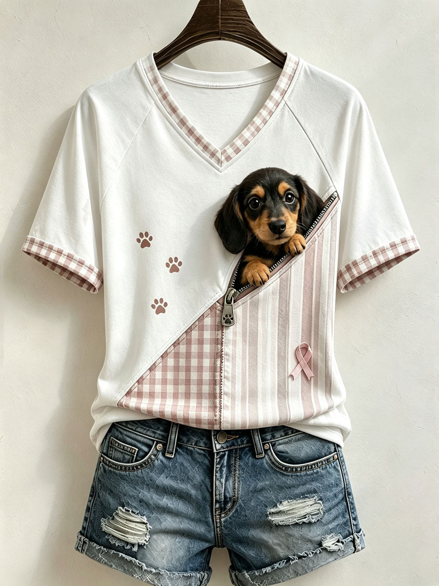 Cute Women'S Spliced T-Shirt Adorned With A Dachshund Pattern And Artwork