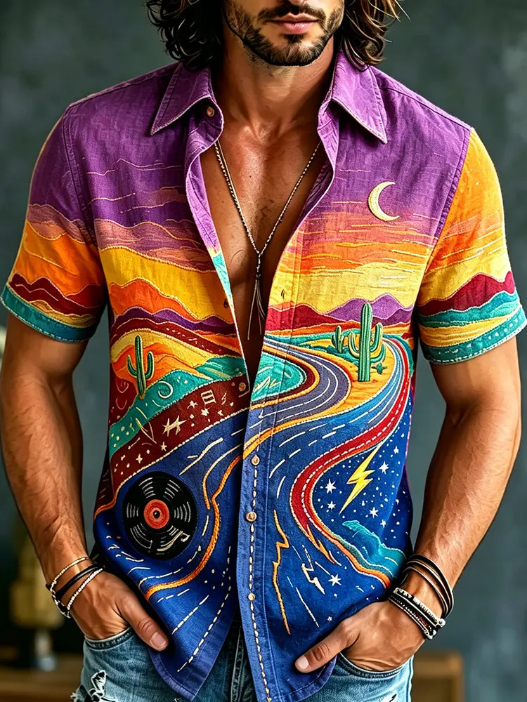 Men's Colorful Short-sleeved Shirt, Decorated With Desert Highway, Cactus And Vinyl Record Patterns.