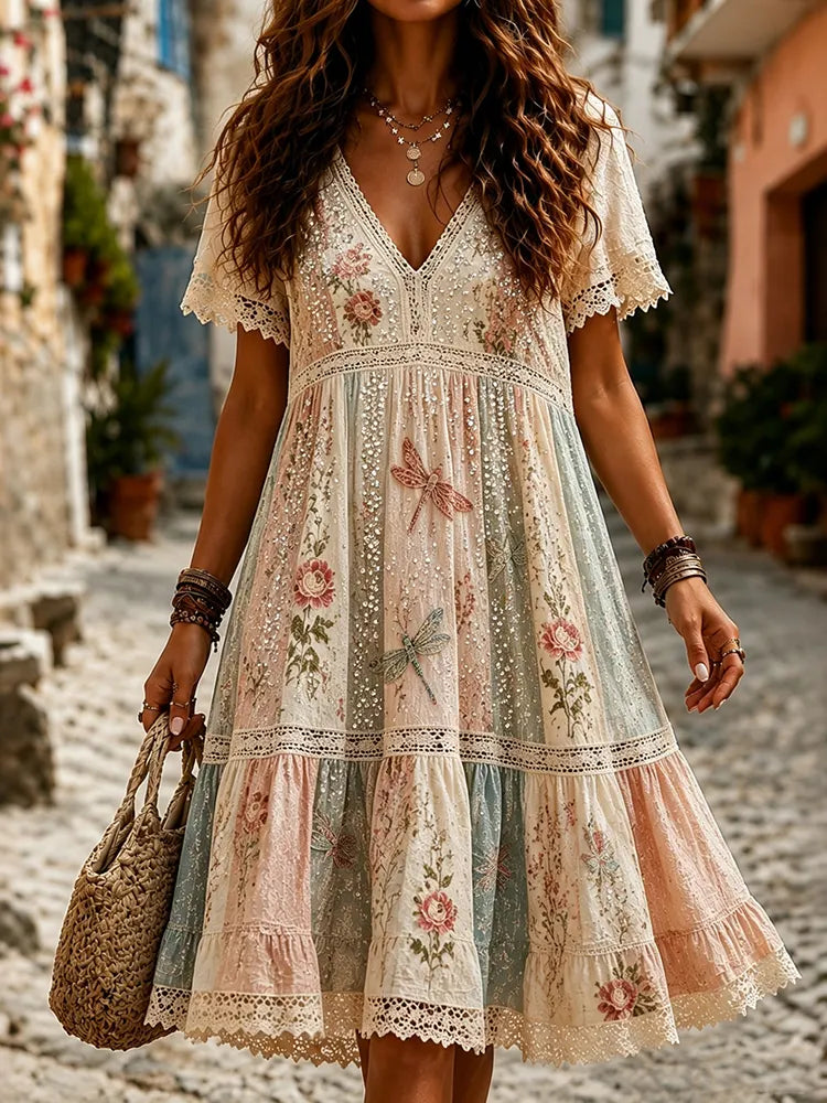 Women's Hippie Floral Dragonfly Art Print Casual Linen Blend Midi Dress