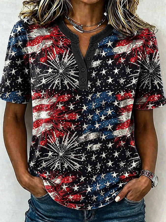 Female Leisure Patriotic Fireworks Flag Button T-Shirt