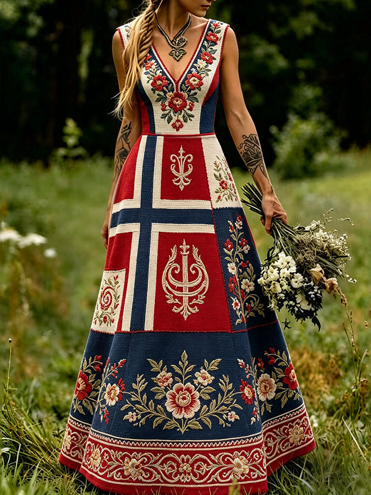 Women's Retro Cotton Linen Viking Ethnic Print Dress