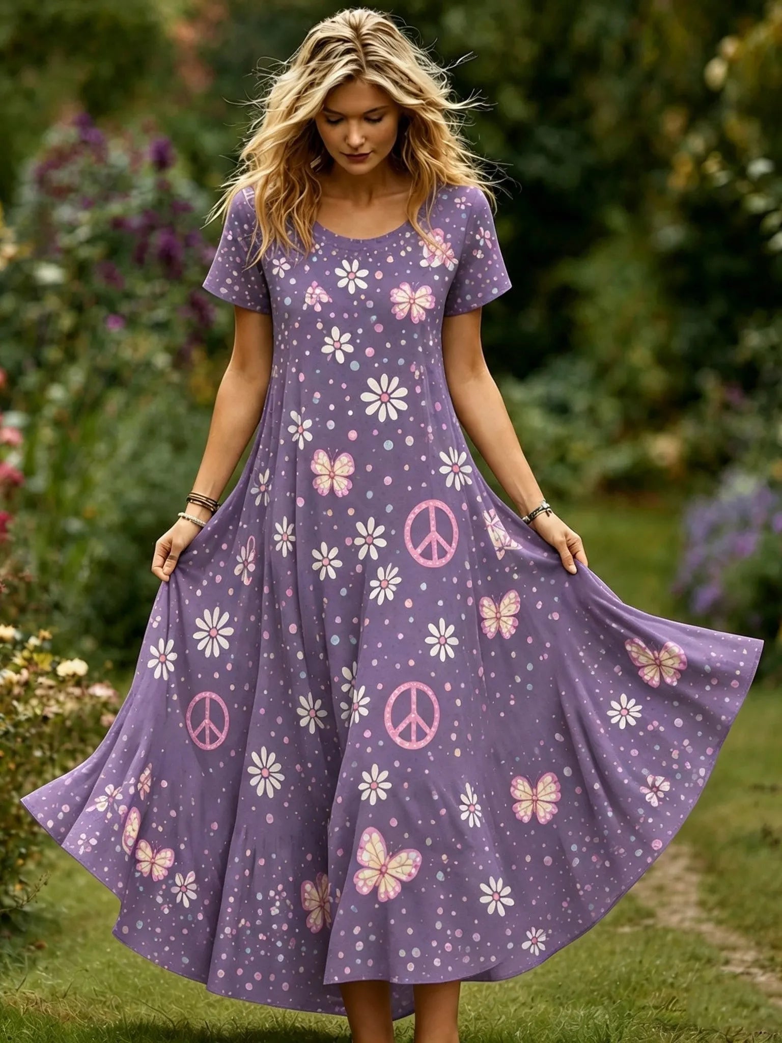 Women's Retro Hippie Style Floral Sequin Embroidered Print Dress