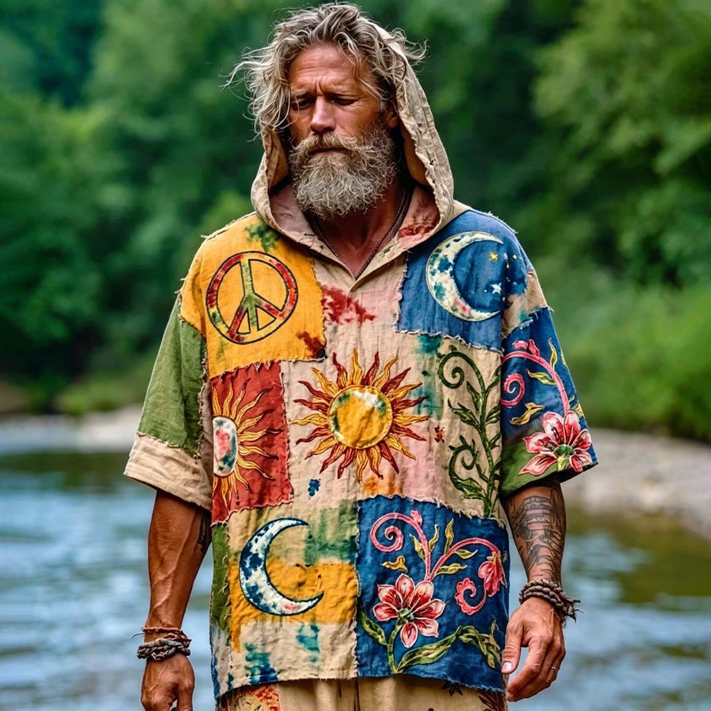 Men's Retro Hippie Art Sun Moon Pattern Casual Cotton Linen Hooded T-shirt