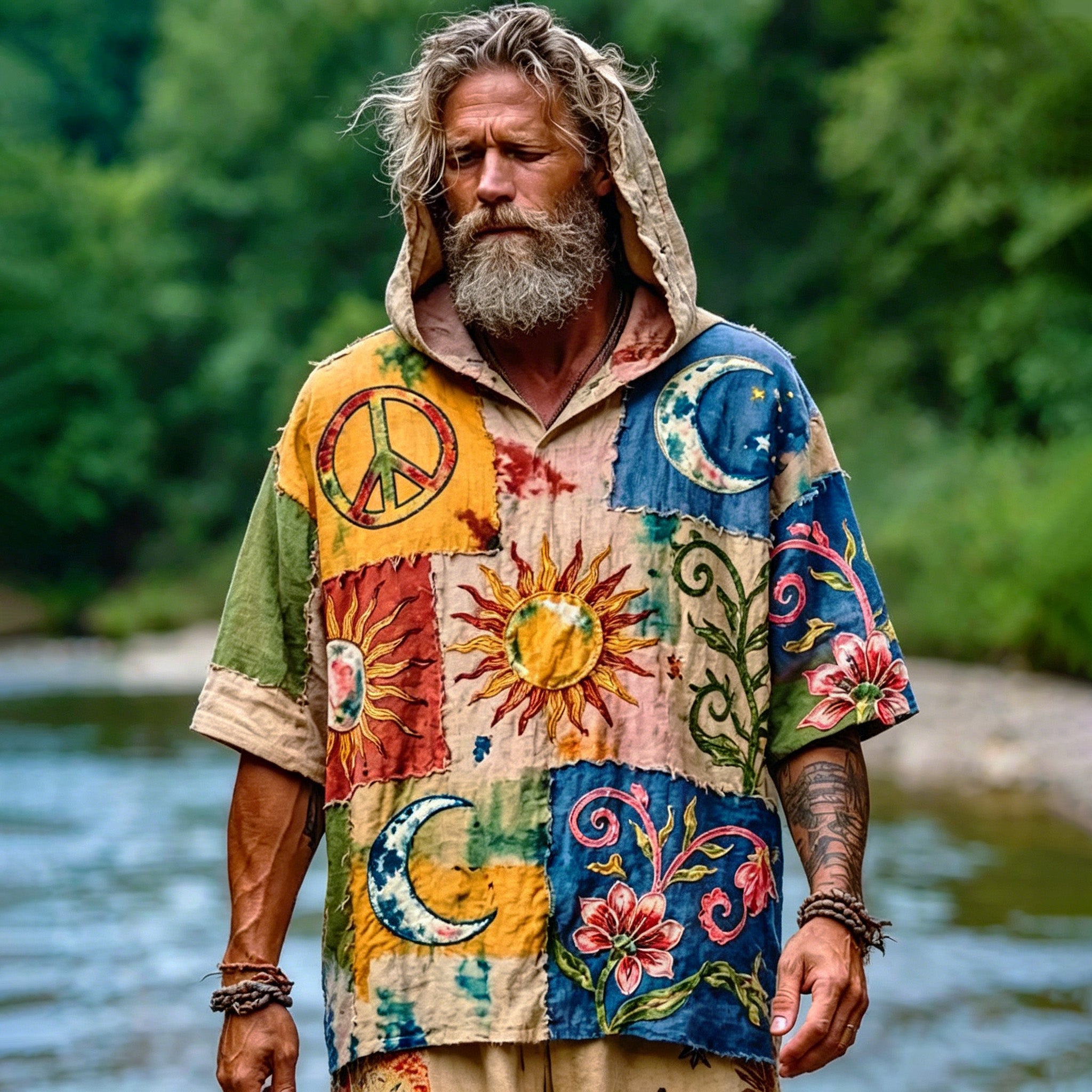 Men's Retro Hippie Art Sun Moon Pattern Casual Cotton Linen Hooded T-shirt