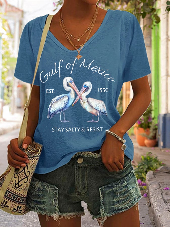 Women's Gulf Of Mexico Print V Neck Casual T-Shirt