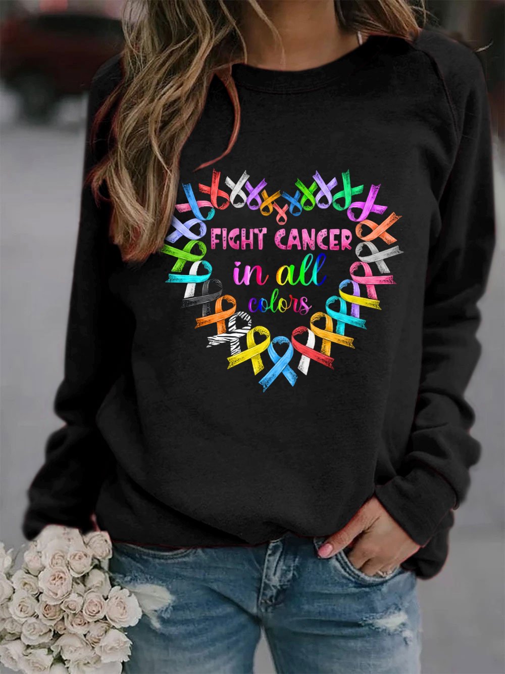 Women's Fight Cancer In All Colors Print Sweatshirt