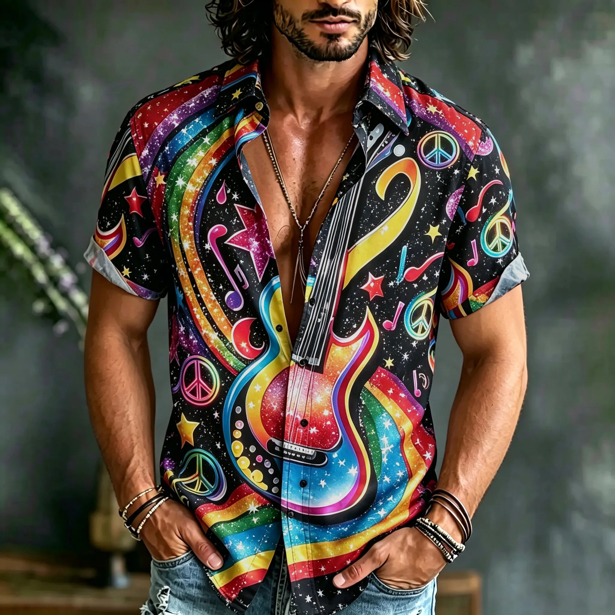 Men's Hippie Style Peace Symbol Musical Instrument Art Print Linen Blend Short-sleeved Shirt