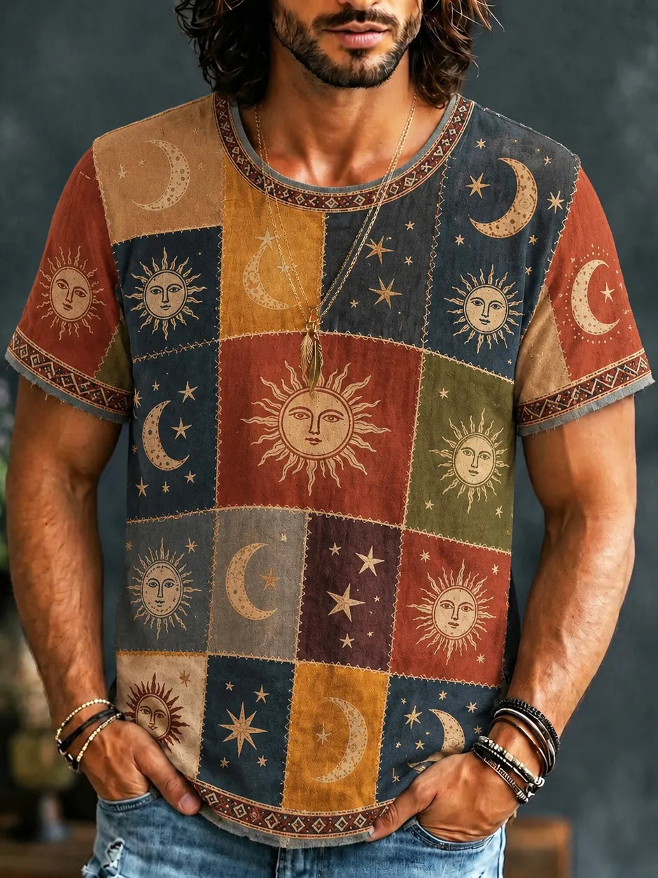 Men's Hippie Sun Moon Geometric Patchwork Print Short Sleeve T-shirt