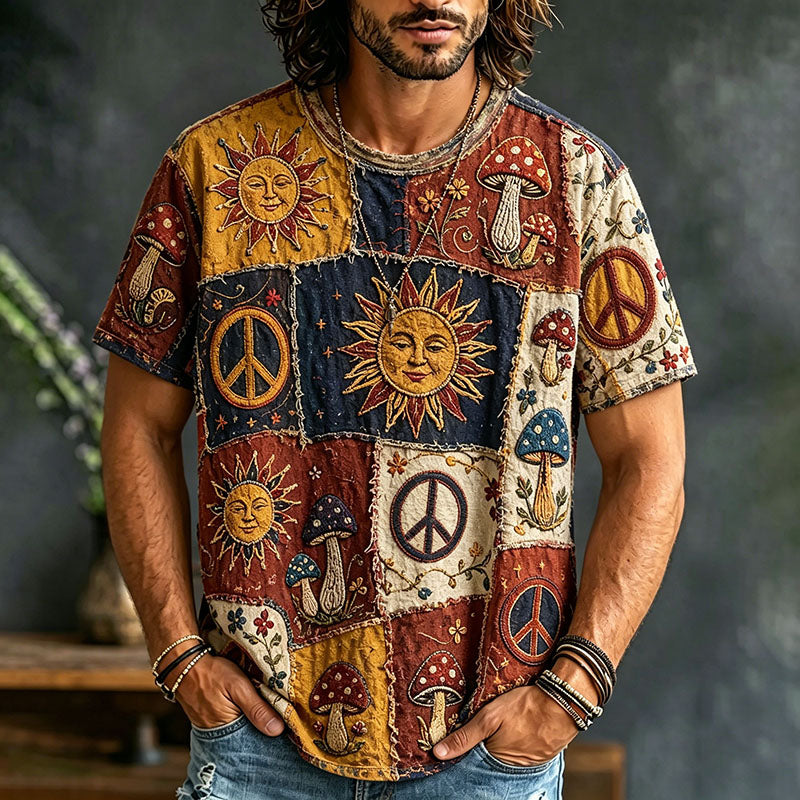 Men's Color Block Hippie Sun Mushroom Peace Graphic Patchwork Print T-shirt