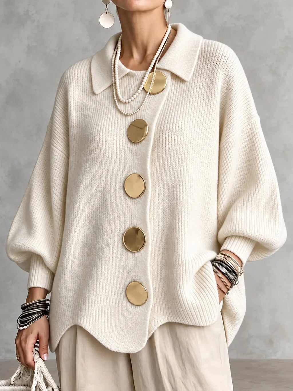 Elegant Collared Button-up Knit Cardigan