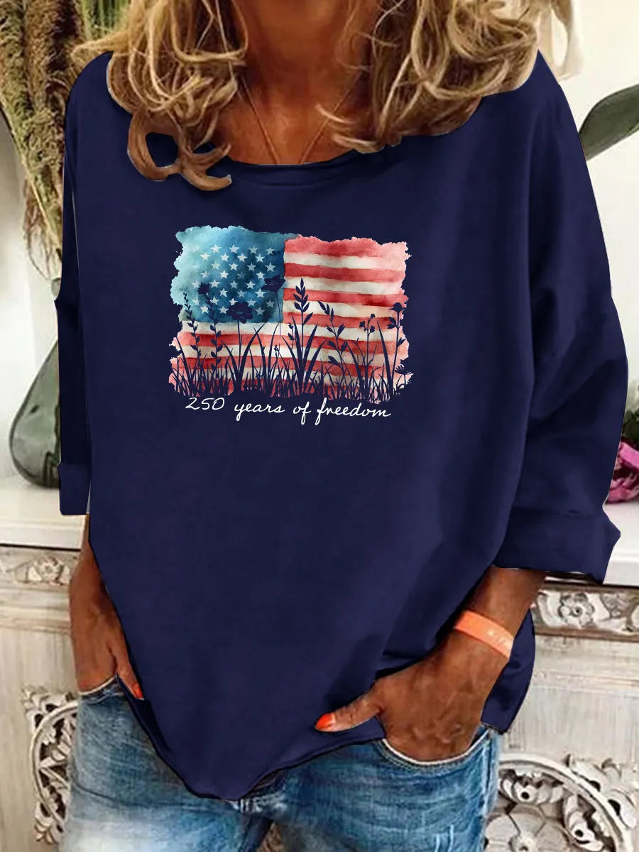 Women's Watercolor 250 Years Of Freedom Pattern Long Sleeve T-Shirt