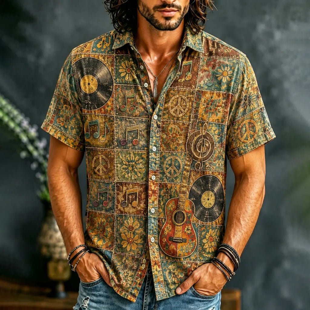 Men's Peace Love Music Hippie Camo Art Patchwork Print Casual Shirt