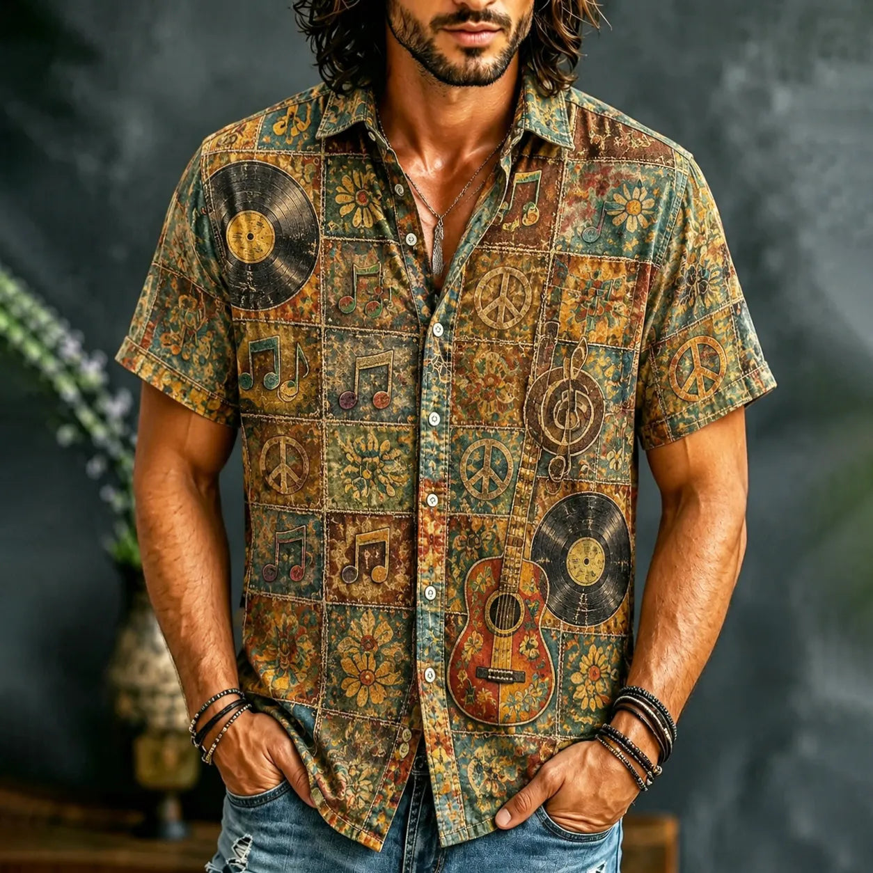 Men's Peace Love Music Hippie Camo Art Patchwork Print Casual Shirt