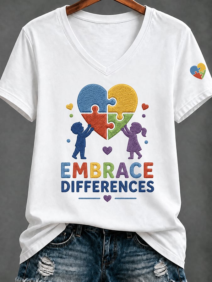 Women'S Casual V-Neck Top With Autism Awareness Print