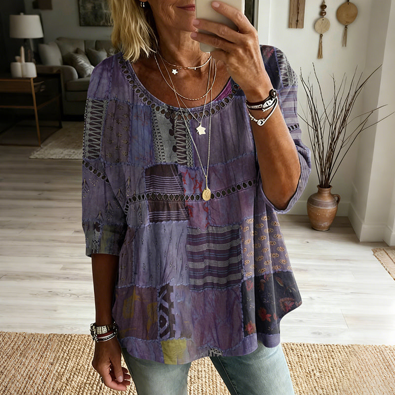 Women's Vintage Patchwork Art Print Flowy Linen Blend Casual Tops