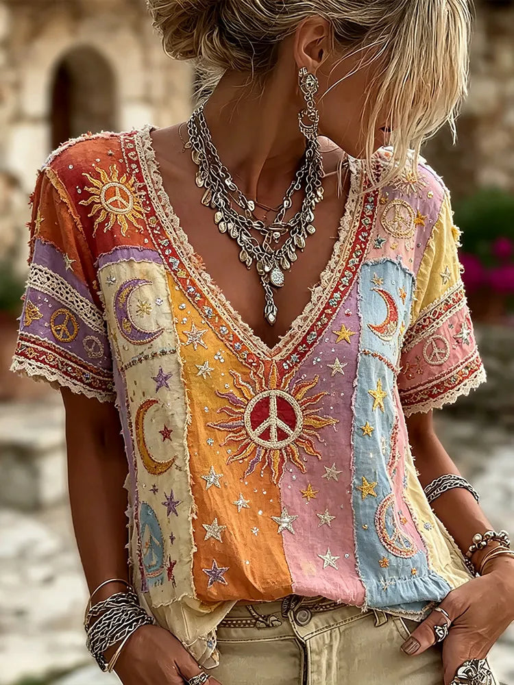 Women's Vintage Hippie Sun Moon Stars Art Patchwork Comfortable Cotton Linen V-neck Short Sleeve Top