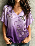 Women's Purple Floral Alzheimer's Disease Print Comfortable V-Neck T-Shirt