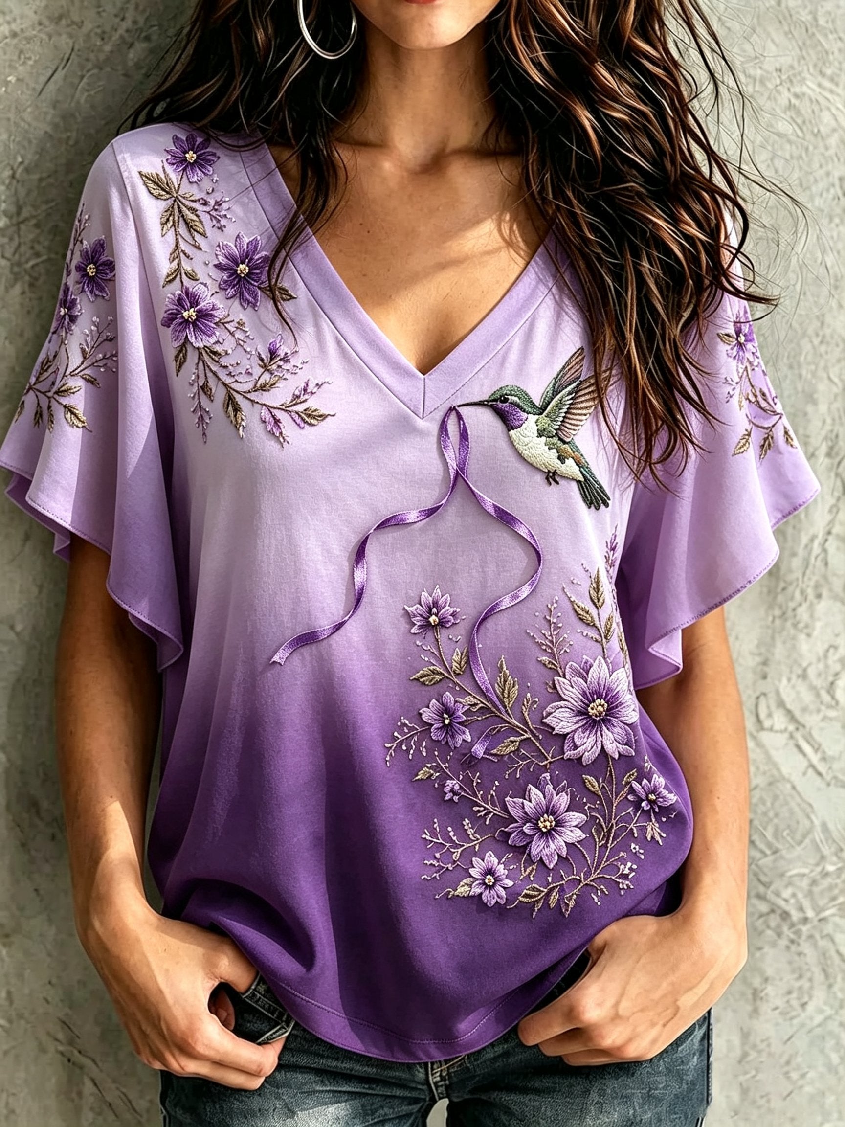 Women's Purple Floral Alzheimer's Disease Print Comfortable V-Neck T-Shirt