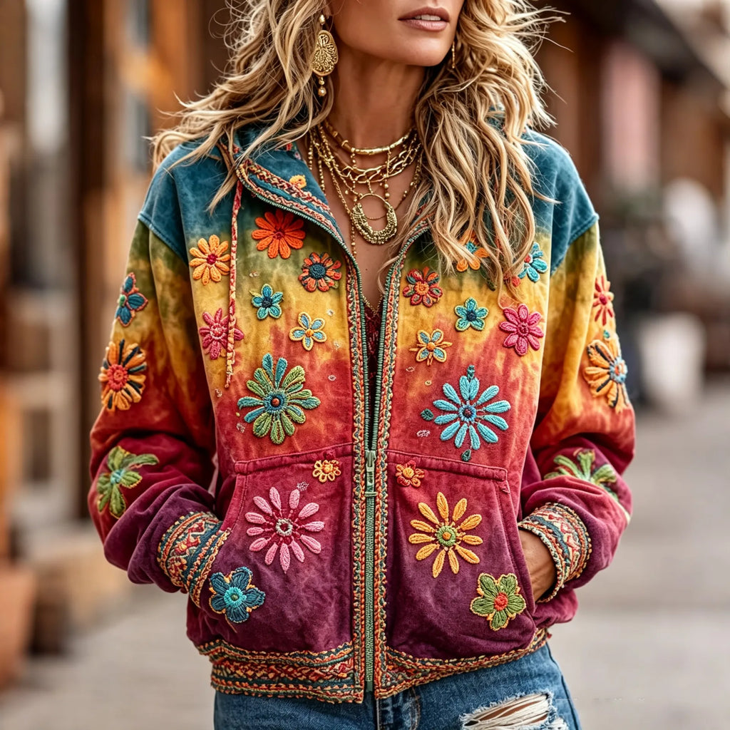 Women's Retro Floral Embroidery Gradient Art Casual Zipper Hoodie