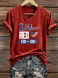 Red Friday I Wear Red For My Son  Pattern Print V Neck Casual T-Shirt