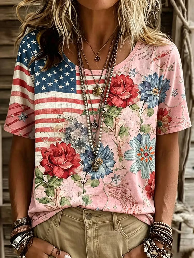 Women's Retro Flag Floral Art Print Casual Short-Sleeve Crew Neck T-Shirt