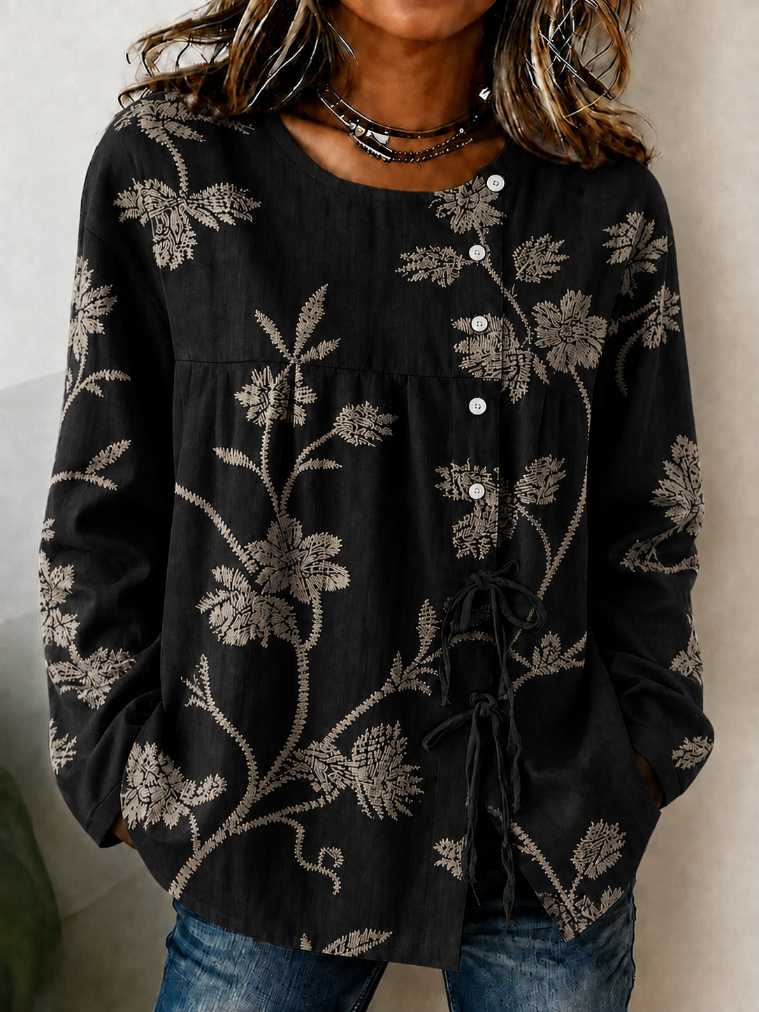 Women'S Breast Cancer Promotion Pink Plant Art Printing Cotton Linen Long Sleeve Shirt