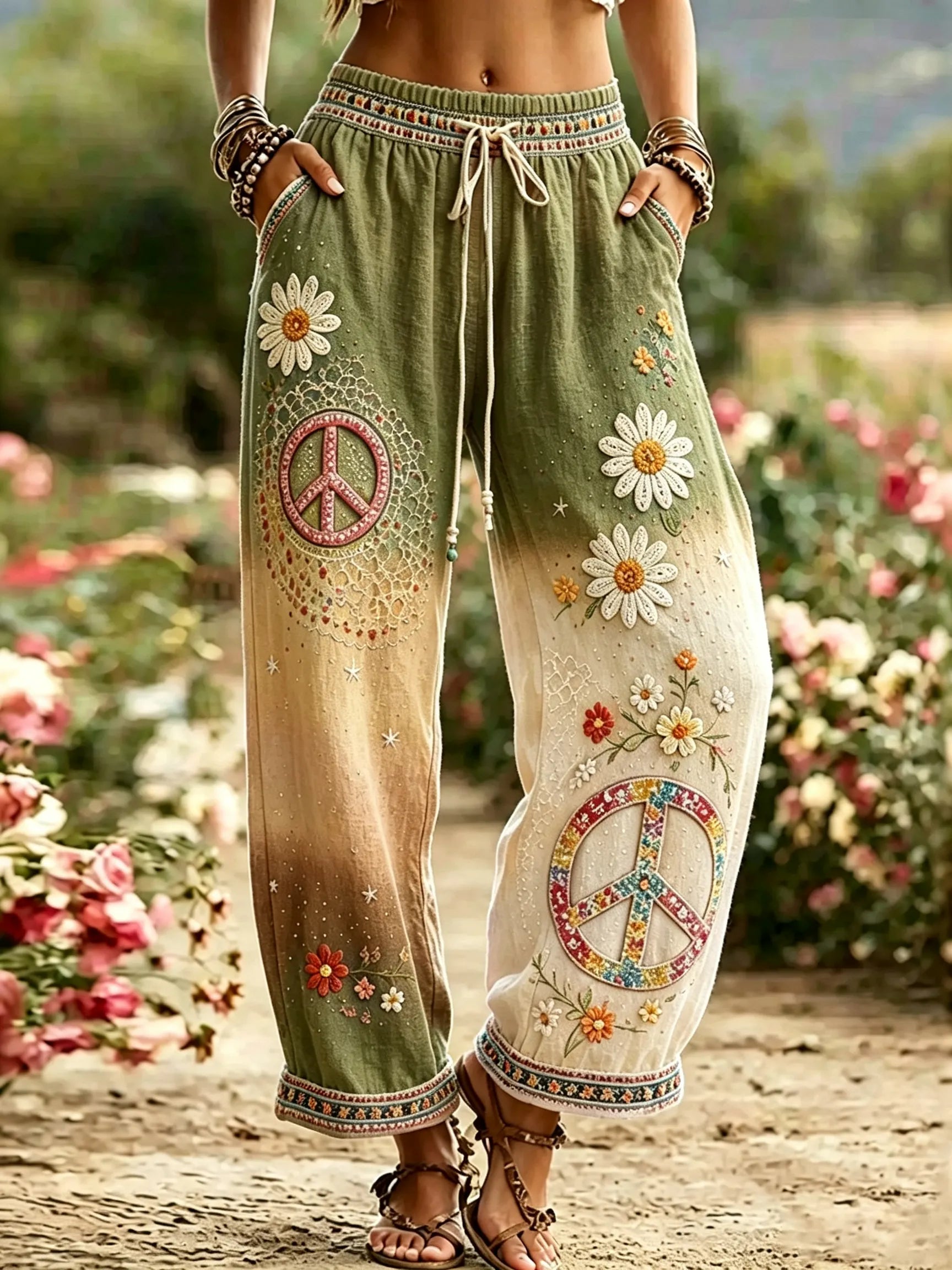 Women's Hippie Vintage Hippie Floral Art Cotton Linen Casual Pants