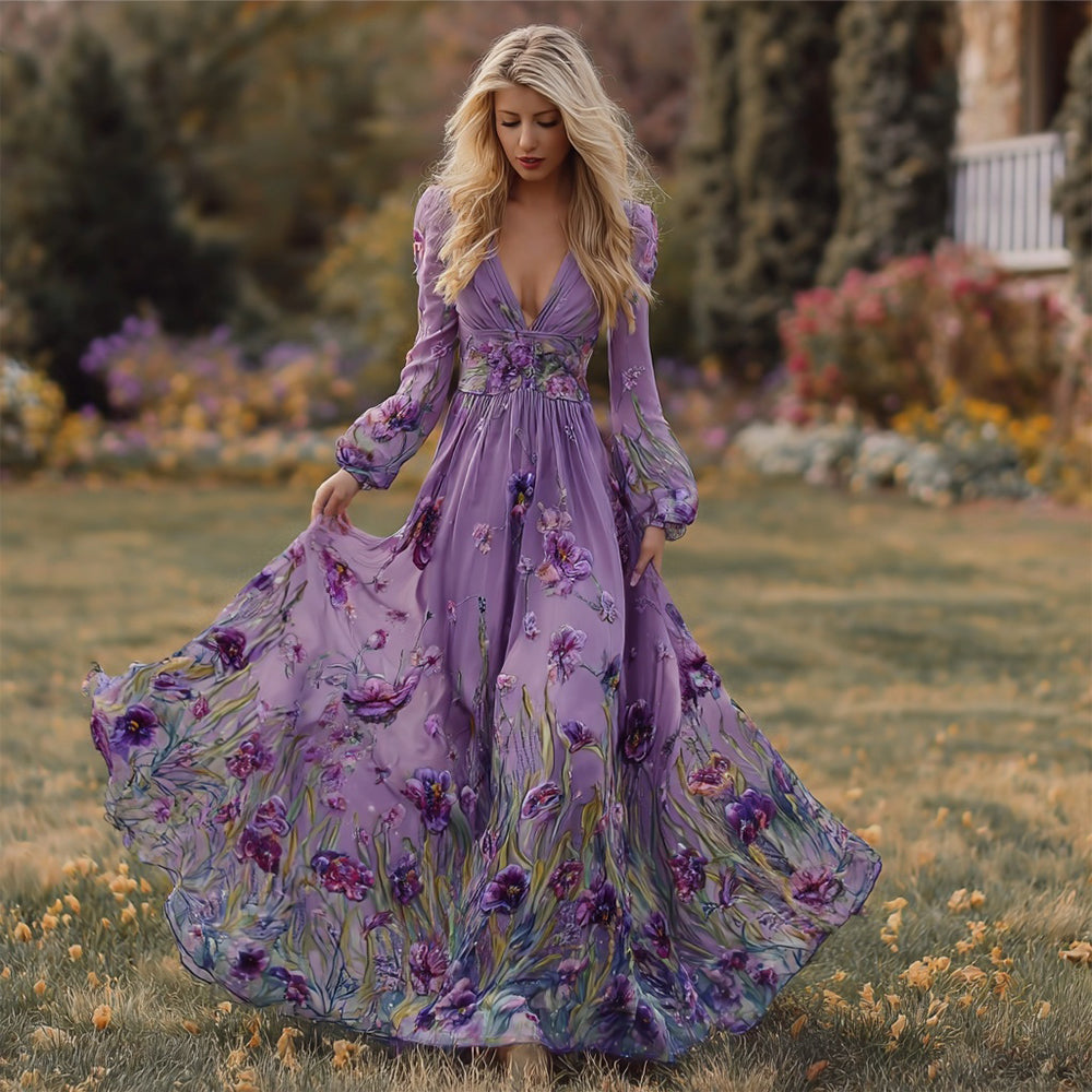 Vintage Purple Floral Pattern V Neck Flowy Maxi Dress