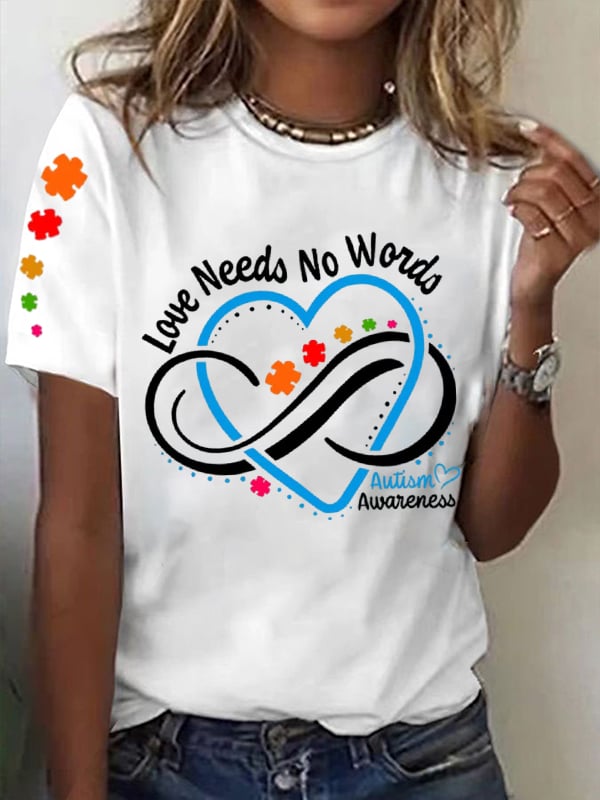Women's Love Needs No Words Autism Awareness Printed Short-Sleeved T-Shirt