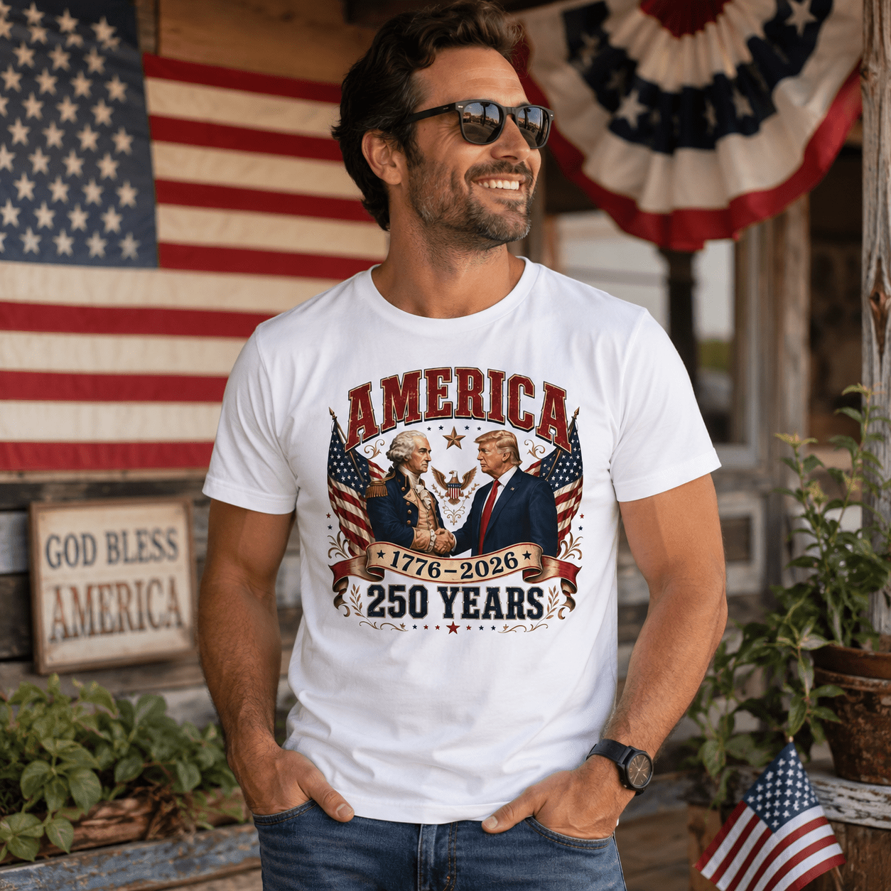 America 1776–2026: 250 Years Strong T-Shirt | Washington–Trump Edition