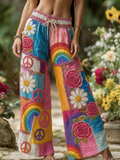 Women's Vintage Style Rainbow & Flower Graphic Palazzo Pants