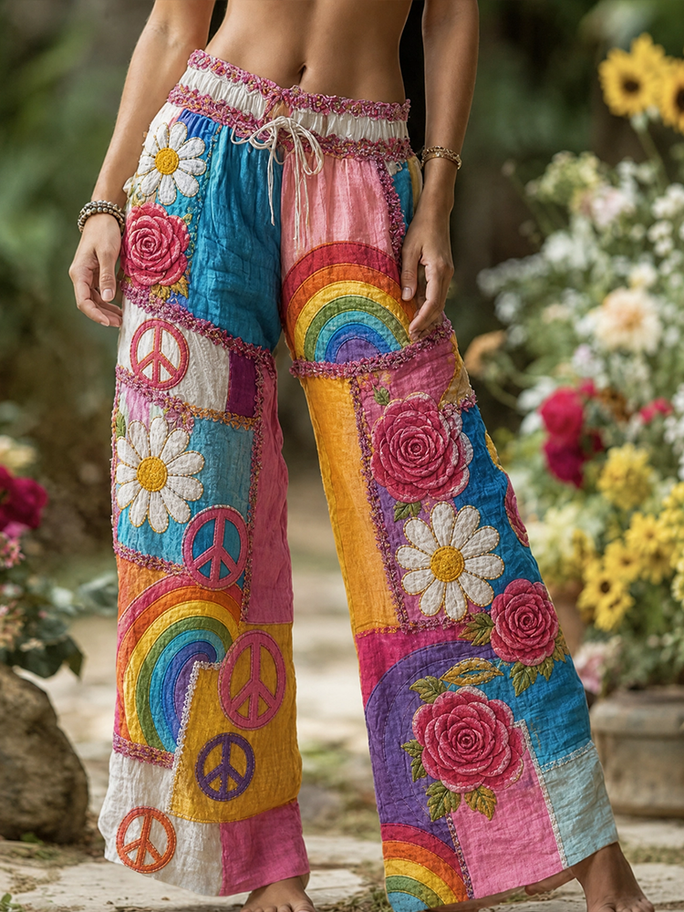 Women's Vintage Style Rainbow & Flower Graphic Palazzo Pants