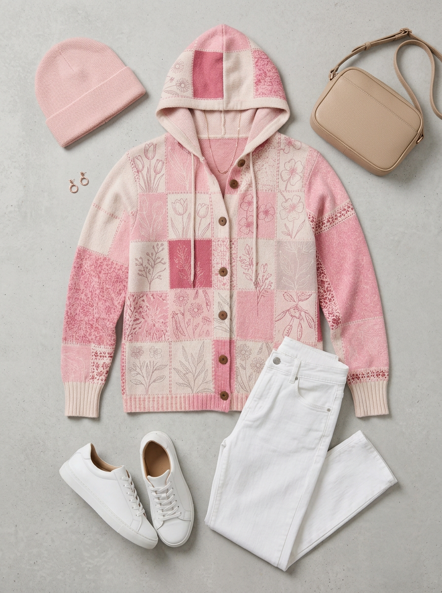 Women's Breast Cancer Awareness Pink Floral Patchwork Printed Cardigan