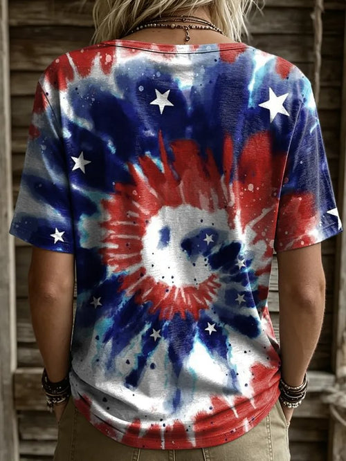 Independence Day Star Stripe Tie-Dye Unisex Retro Art Print Casual T-Shirt