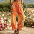Women's Vintage Floral Dragonfly Embroidery Art Cotton Linen Casual Pants