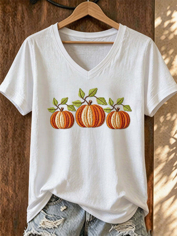 Women's Pumpkin Print V-Neck T-Shirt