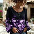 Women's Bohemian Halloween Skull And Floral Print Cotton Linen Top