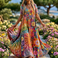Women's Retro Hippie Peace Floral Embroidery Art Short Sleeve Linen Blend Maxi Dress
