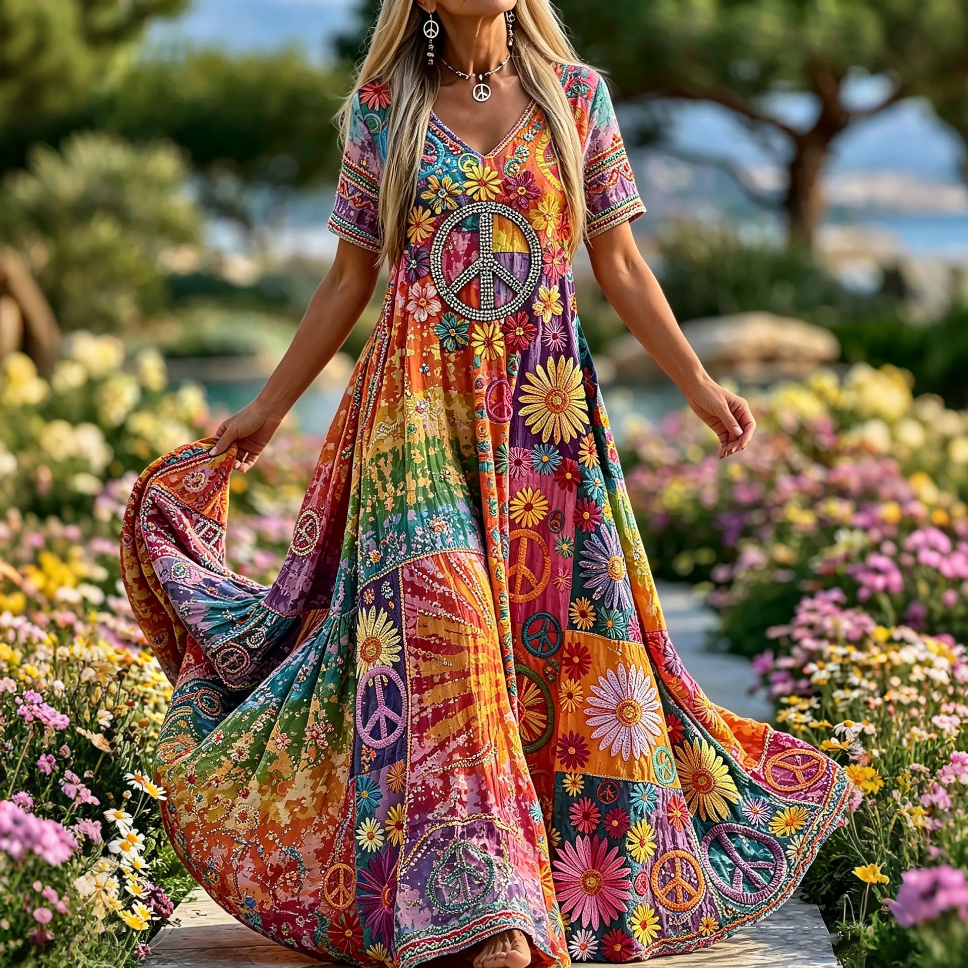 Women's Retro Hippie Peace Floral Embroidery Art Short Sleeve Linen Blend Maxi Dress